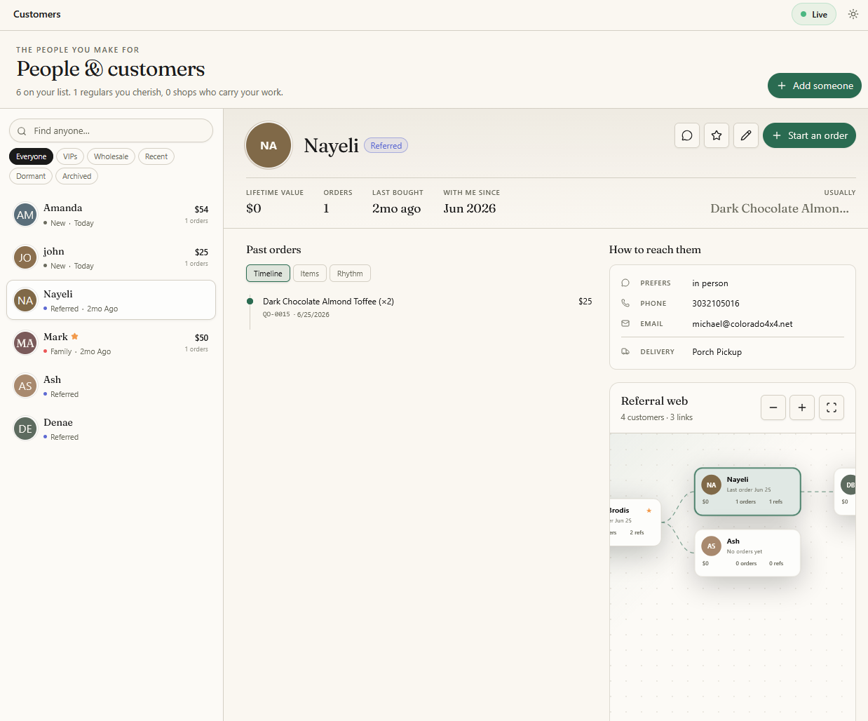 Customer tracker showing order history, preferences, contact details, and referrals