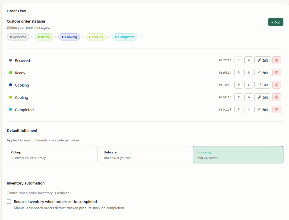 Settings view for custom order statuses, fulfilment, and inventory automation
